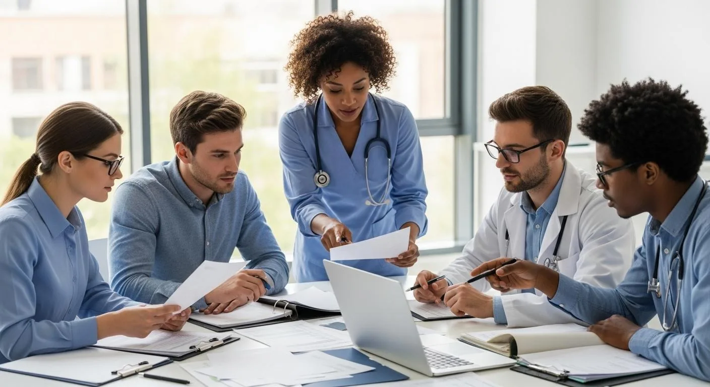 Editorial team reviewing healthcare information